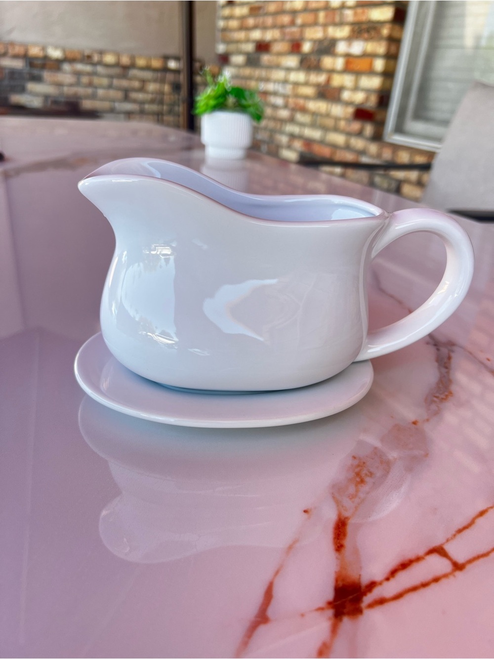Glossy White Ceramic Gravy Boat with Attached Saucer